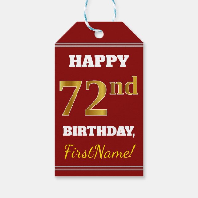 Etiqueta Para Presente Vermelho, Faux Dourado 72º Aniversário + Nome Pers (Frente)