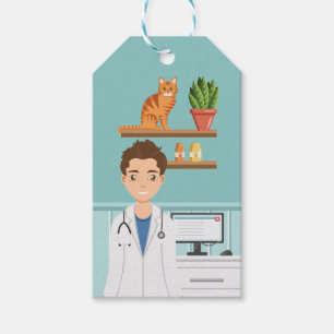 Etiqueta Para Presente Veterinário Homem Veterinário Cara Com Gato Laranj