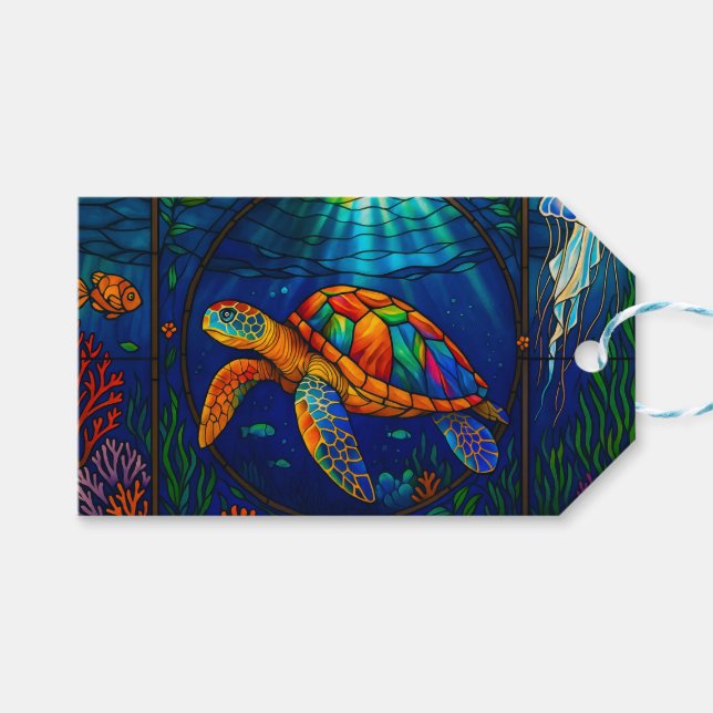 Etiqueta Para Presente Vibrant Stained Glass Sea Turtle Ocean Design (Frente (horizontal))