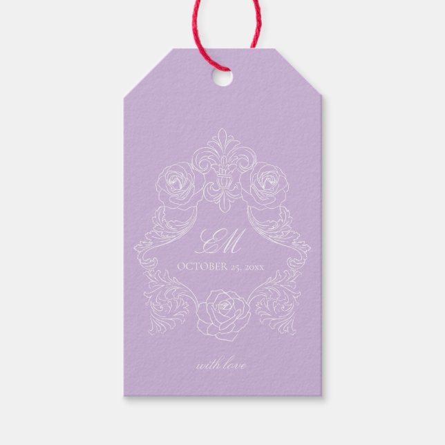 Etiqueta Para Presente Victorian Crest Monogram Purple Wedding (Frente)