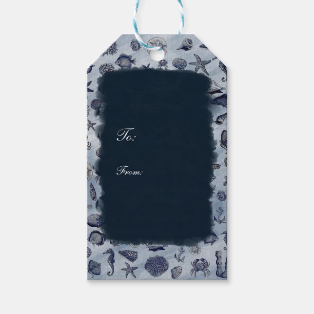 Etiqueta Para Presente Vida Marinha Oceânica Conchas Náuticas Praia Elega (Frente)
