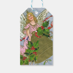 Etiqueta Para Presente Vintage Angel com o baile de Natal e Holly