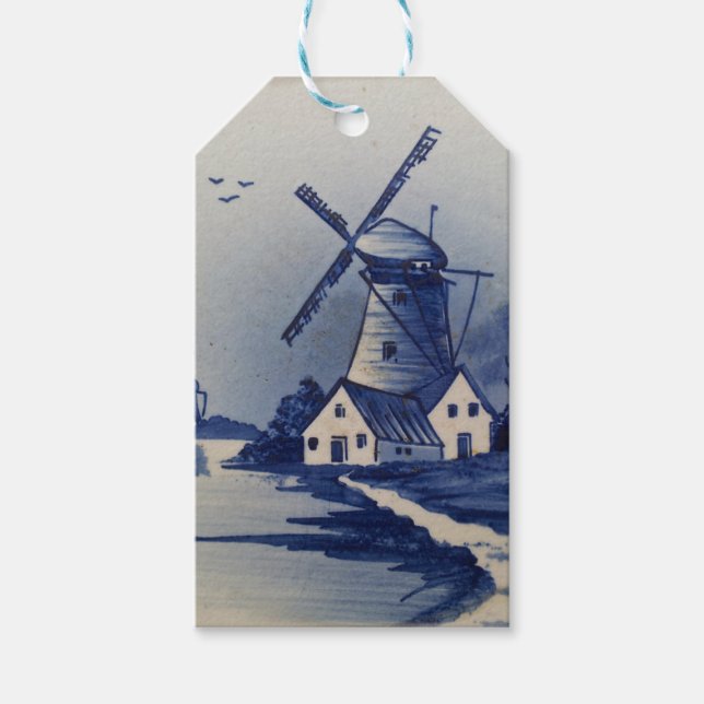Etiqueta Para Presente Vintage Blue White Delft Windmill (Frente)