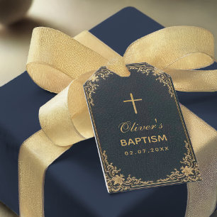 Etiqueta Para Presente Vintage Boy Baptism Blue Elegante Dourada Cruz