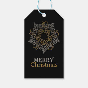 Etiqueta Para Presente Vintage Dourada Prata Feliz Natal em Branco Negro