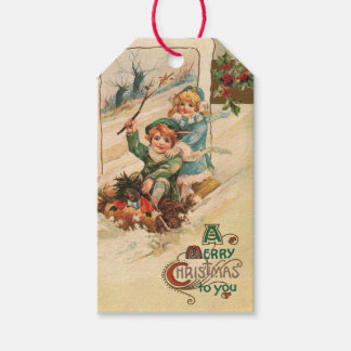Etiqueta Para Presente Vintage Feliz Natal, Crianças em Sleigh Gift