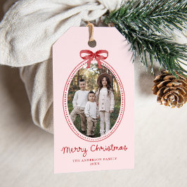 Etiqueta Para Presente Vintage Red Bow Christmas Blush Pink Photo Holiday