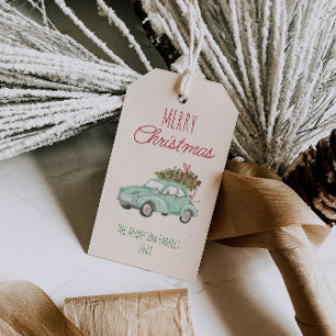Etiqueta Para Presente Vintage Red Green Watercolor Árvore de Natal