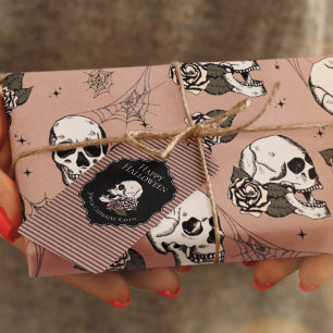 Etiqueta Para Presente Vintage Rosa e Purple Floral Skulls Halloween