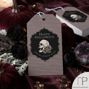 Etiqueta Para Presente Vintage Taupe Cinza Floral Caveiras Halloween