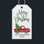 Etiqueta Para Presente Vintage Truck Green Christmas<br><div class="desc">Caligrafia moderna Script Watercolor Vintage Red Truck com Etiqueta de Presente na Árvore de Natal - Script Verde</div>