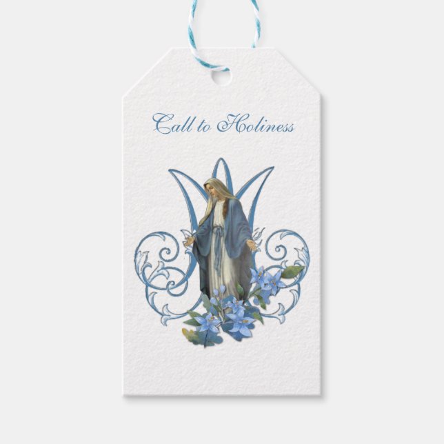 Etiqueta Para Presente Virgem Abençoada Maria Católica Religiosa Blue Flo (Frente)