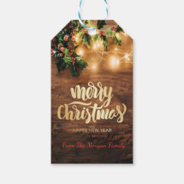 Etiqueta Para Presente Visco de Natal Verde,Luzes de Corda,Madeira Feliz 