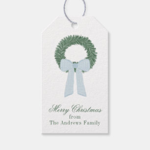 Etiqueta Para Presente Watercolor Blue Gingham Sash Wreath