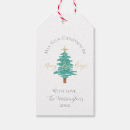 Etiqueta Para Presente Watercolor Christmas Tree, "Merry & Bright"