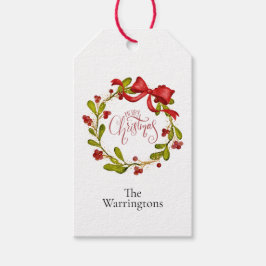 Etiqueta Para Presente Watercolor Mistletoe Wreath with Bow