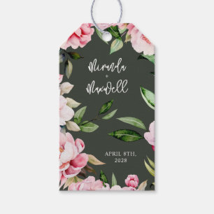 Etiqueta Para Presente Watercolor Peony Magnolia Casando Verde Escuro