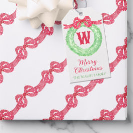 Etiqueta Para Presente Watercolor Red Polka Dot Bow Monogram Wreath