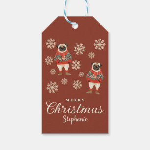Etiqueta Para Presente Watercolor Snowflakes Terracotta Pug Dog Natal