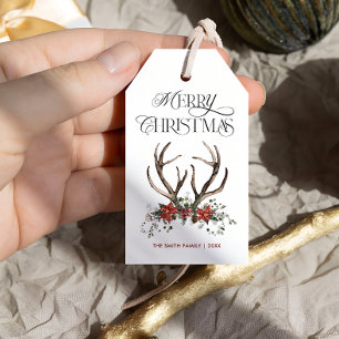 Etiqueta Para Presente Watercolor Stag Greenerescência Botânica Feliz Nat