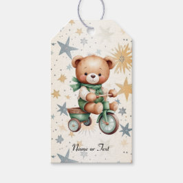 Etiqueta Para Presente Watercolor Teddy Bear Stars Green Bike Party