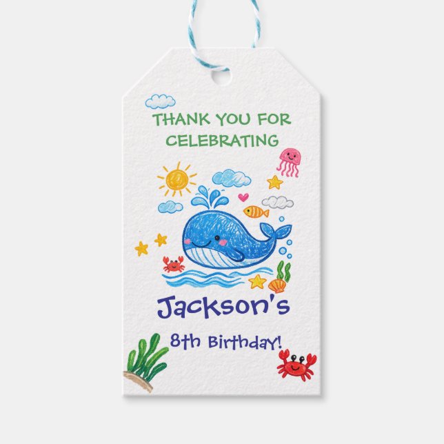 Etiqueta Para Presente Whale Theme Summer Kids Birthday Thank you  (Frente)