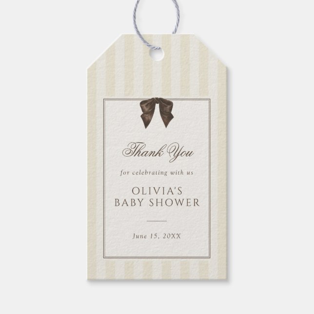 Etiqueta Para Presente Whimsical Brown Bow Striped Baby Shower (Frente)