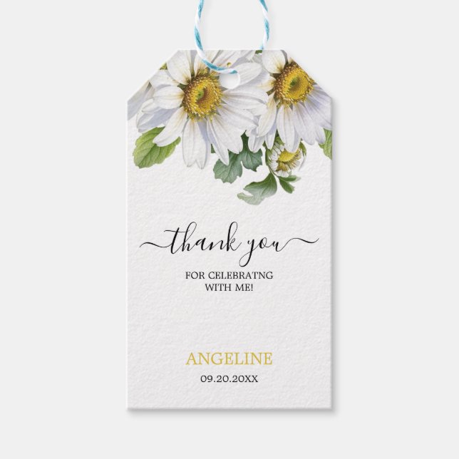 Etiqueta Para Presente White Daisy Floral Greenery Script Birthday (Frente)