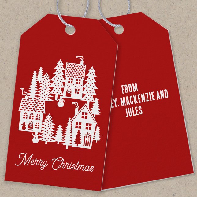 Etiqueta Para Presente White Red Village (Red and white personalized Christmas Village gift tags)