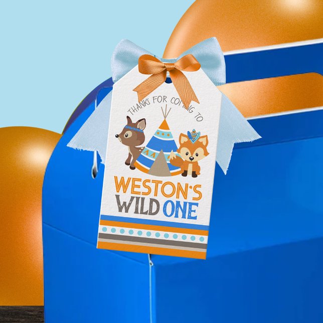 Etiqueta Para Presente Wild One primeiro aniversario Woodland Obrigado (Tribal Woodland Forest Fox & Deer 1st Birthday Favor Tags for Wild One or One Happy Camper)