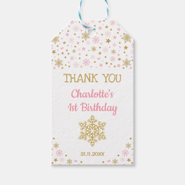 Etiqueta Para Presente Winter ONE derland Snowflakes Pink Dourado Birthda (Frente)