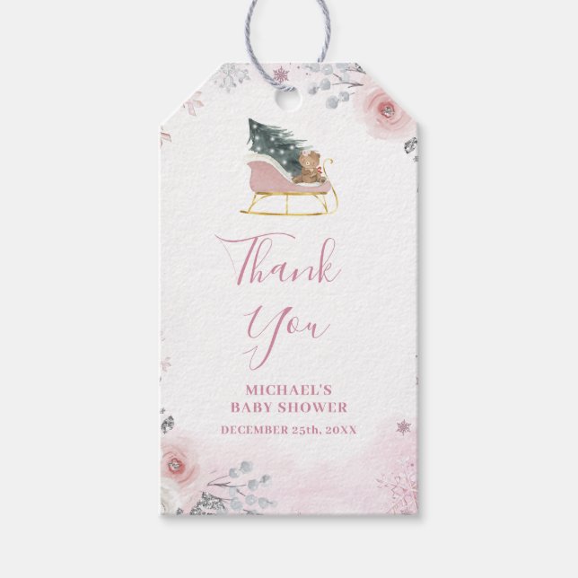 Etiqueta Para Presente Winter Pastel Pink Snowflake Sleigh Baby Shower (Frente)