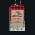 Etiqueta Para Presente Winter Truck Christmas Holiday Baby Obrigado<br><div class="desc">Etiqueta favorita com o tema do inverno,  que apresenta belamente ilustrado caminhão vermelho-safra e pinheiros com aquarela sobre uma kraft rústica e fundo de xadrez.</div>