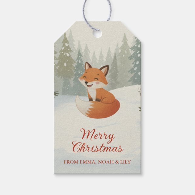 Etiqueta Para Presente Winter Woodland Merry Christmas Forest Fox (Frente)