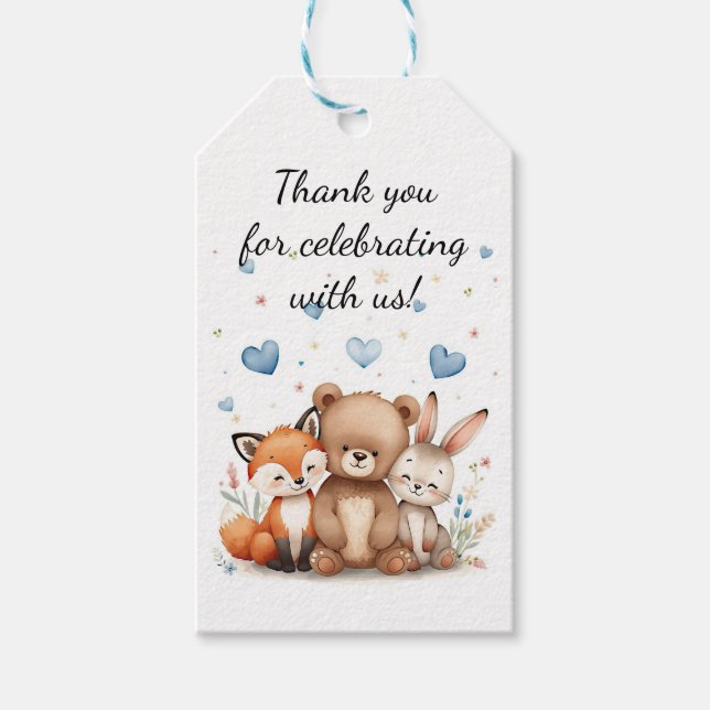 Etiqueta Para Presente Woodland Animals Birthday Bear Fox Bunny Blue (Frente)