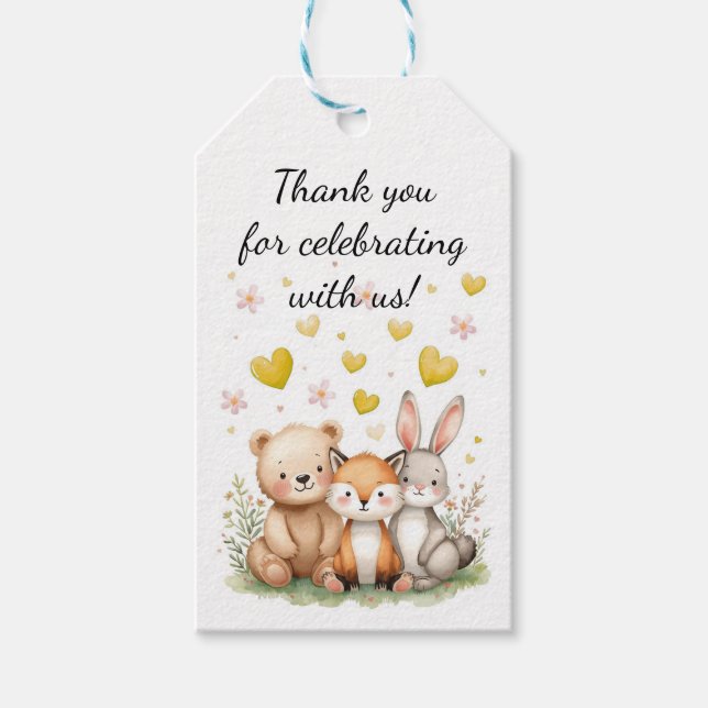 Etiqueta Para Presente Woodland Animals Birthday Bear Fox Bunny Yellow (Frente)