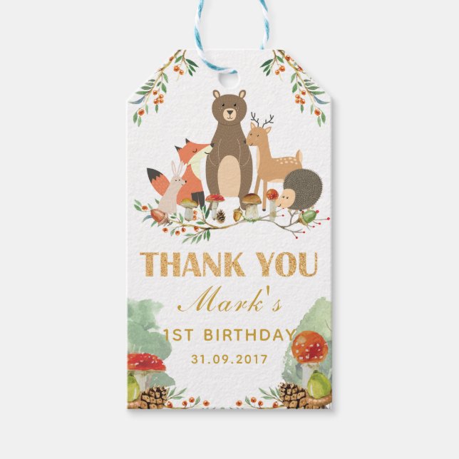 Etiqueta Para Presente Woodland. Obrigado Primeiro Aniversário. (Frente)