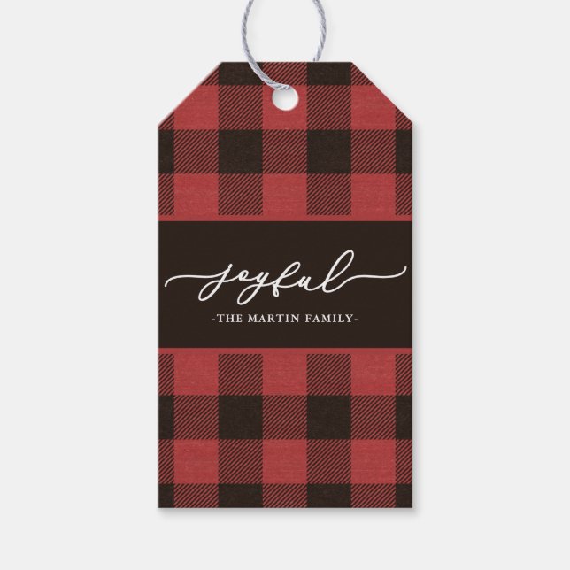 Etiqueta Para Presente Xadrez de Buffalo Vermelho com Natal feliz (Frente)