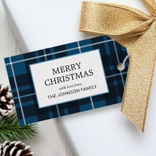 Etiqueta Para Presente Xadrez de Natal Nome Personalizado Tartã Azul Escu