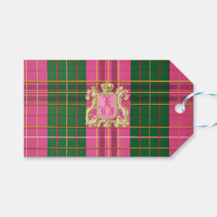 Etiqueta Para Presente Xadrez Elegante Rosa e Verde com Monograma