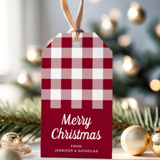 Etiqueta Para Presente Xadrez Rustic Burgundy Feliz Natal (Rustic Burgundy Plaid Merry Christmas Gift Tags)