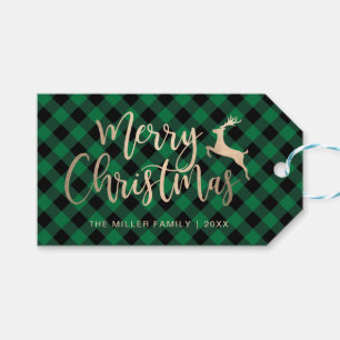 Etiqueta Para Presente Xadrez verde e preto de Natal Dourado elegante