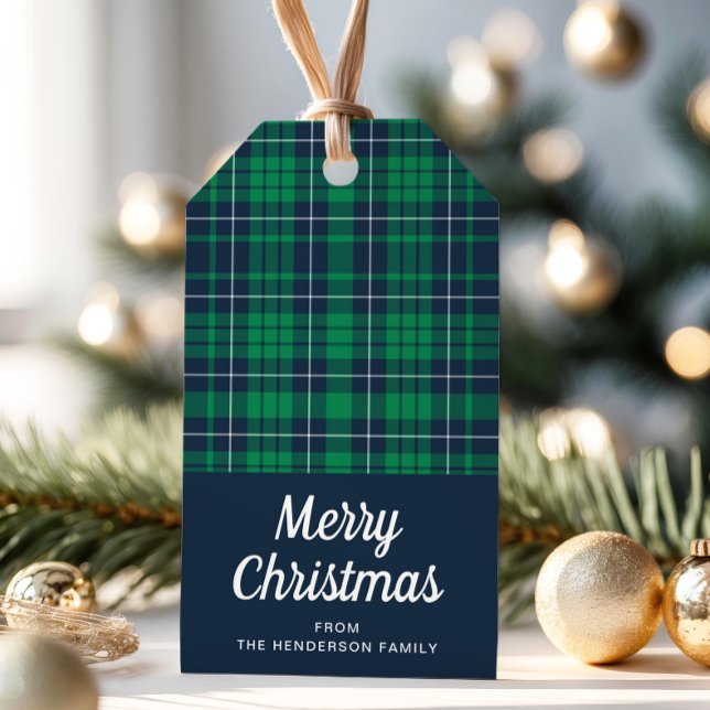 Etiqueta Para Presente Xadrez Verde Russo Feliz Natal (Rustic Green Plaid Merry Christmas Gift Tags)