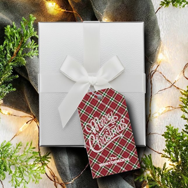 Etiqueta Para Presente Xíc Plaid de Natal Brilhante  (Chic personalized faux sparkly plaid Merry Christmas favor or gift tags)