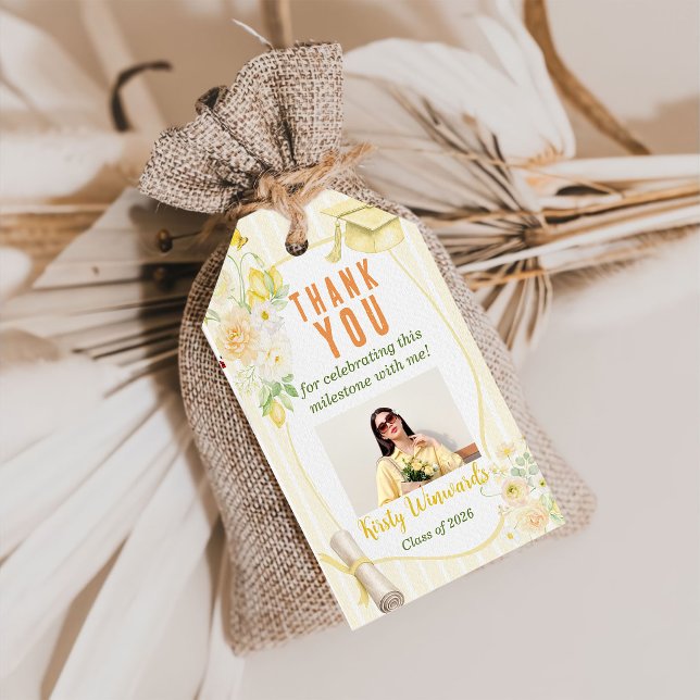 Etiqueta Para Presente Yellow Stripes Lemons and Flowers Graduation (Criador carregado)