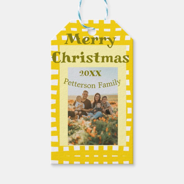 Etiqueta Para Presente Yellow white plaid retro Christmas holiday family  (Frente)