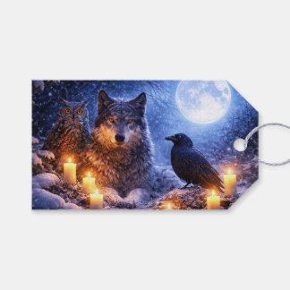 Etiqueta Para Presente Yule Solstício de Inverno Lobo Coruja e Corvo