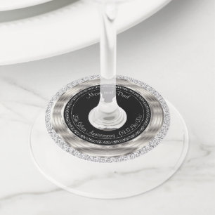 Etiqueta Para Taça De Vinho 25o aniversário de casamento de prata e preto
