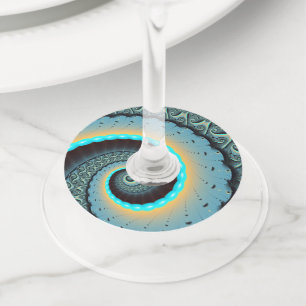 Etiqueta Para Taça De Vinho Arte Fractal Espiral Azul Turquesa Laranja Abstrat