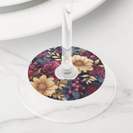 Etiqueta Para Taça De Vinho Bordô, Dourado e Floral Navy